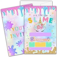 Ycyfckdr Slime Birthday Invitations for Kids, Magic Unicorn Birthday Party Invitation Cards, Gold Glitter Party Celebration Supplies Decoration -20 Fill in Invitations with Envelopes (B14)