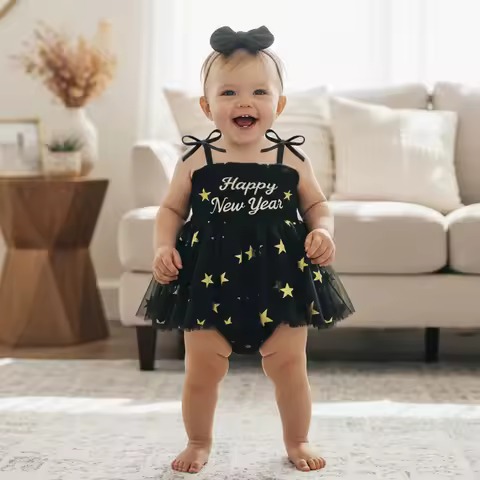 Baby Girls My First New Year Bodysuits Outfit Sleeveless Letter Embroidery Mesh Romper Dress with He