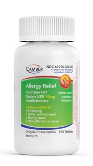 Camber Consumer Care Cetirizine HCI 10mg Tablets, 24-Hour Allergy Relief, Allergy Medication (500 Co