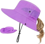 Kids Sun Hat with Ponytail Hole UV Protection Wide Brim Summer Beach Bucket Cap Fishing Hat for Girls Pure Purple