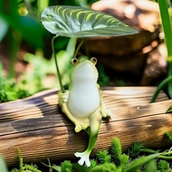 [LISI] Frog Statue Decor Resin Frog with Leaf Umbrella Figurine Ornament Waterproof Mini Frog Decora