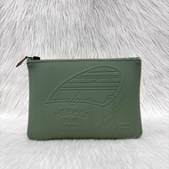 Hermes莫藍迪綠logo壓印拉鍊化妝包 手拿包