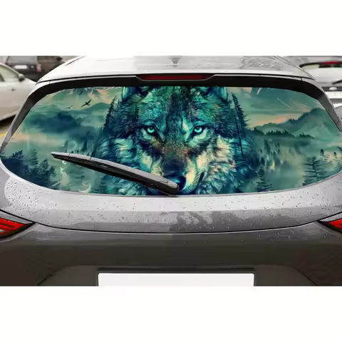 Wolf in Mountain Forest PVC Perforated Car Vinyl Wraps, Durable Car Rear Windshield Sticker, Waterpr