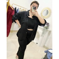 SET LADY SHIRT BIGSIZE SET KEMEJA TANKTOP CROP TOP JUMBO RUFFLE