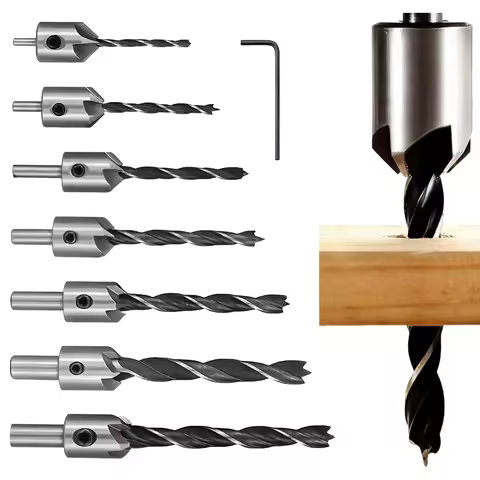 7+1PCS 3-Point Countersink Drill Bits 3-10mm + Hex Key, Fit Wood/Softwood/Hardwood/Plywood/MDF for C