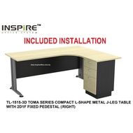 TOMA SERIES TL-1515-3D COMPACT L-SHAPE METAL J-LEG TABLE WITH 2D1F FIXED PEDESTAL