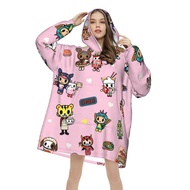 Tokidoki Flannel Blanket Hoodie Fluffy Nightgowns, Women's Print Plush Casual Slight Stretch Sleepwear Robes