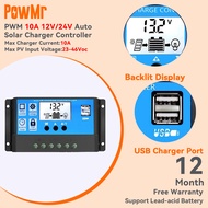 PowMr 10A 20A 30A PWM Solar Controller 12V 24V จอแสดงผล LCD อัตโนมัติพร้อมตัวควบคุมการประจุพลังงานแสงอาทิตย์ USB 5V คู่ RBL