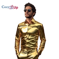 Cozy Up Shiny Gold Coated Metallic Dress Shirts Men Long Sleeve 70's Disco Dance Party Shirt Mens Halloween Costume Stage Prom Shirt