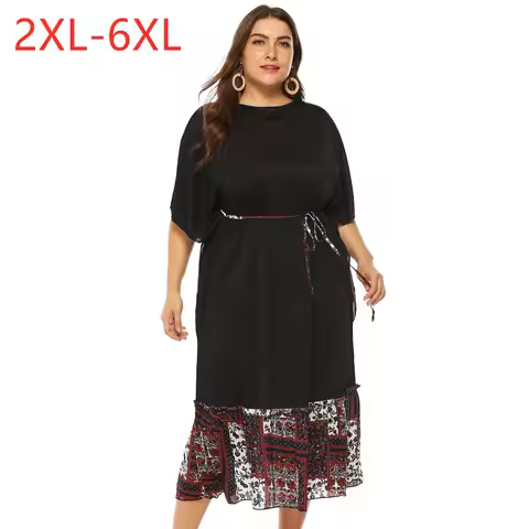 New 2021 summer plus size dresses for women large loose casual short sleeve retro belt black O-neck 