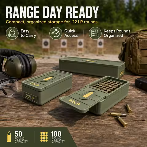 .22 LR ammo drawer box, holds 50/100 rounds; made of durable plastic, portable and spill-proof.