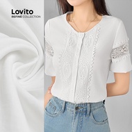 (Lovito Refine) Casual Plain Fabric Stitching Eyelet Embroidery Blouse for Women LR7ED086