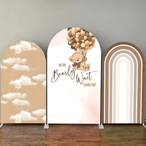 VIKAMA Brown Cartoon Bear Arch Backdrop Cover Baby Shower Stretch Arch Backdrop Birthday Party Decor