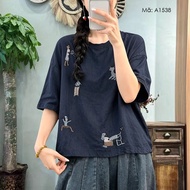 Retro embroidered short-sleeved linen T-shirt - A1538