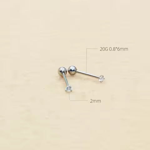 20G 0.8*8mm Screw-back Stud Earrings 316l Stainless Steel Classical AAA Round White 2mm Zircon Earri