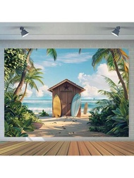 1入組沙灘小屋衝浪板和棕櫚樹攝影背景布，人像藝術生日派對攝影棚裝飾照相亭道具，共四種尺寸