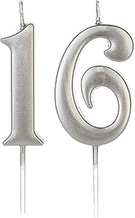 Silver 16th Birthday Candles for Cake, Number 16 1 6 Glitter Candle Party Anniversary Cakes Decorati