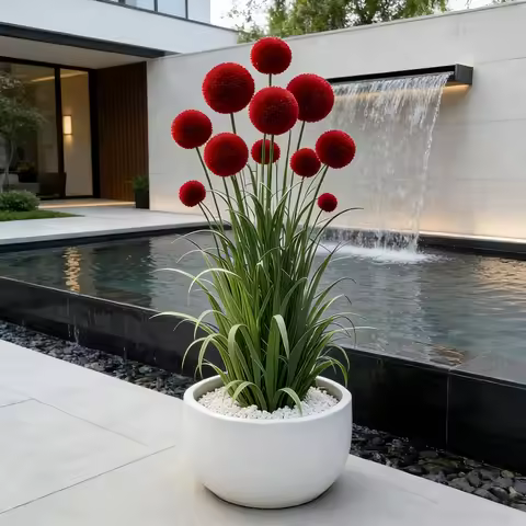 4 Pieces = 12 Stems, Vase Not Included. Artificial Simulated Reed Ball-Stem Grass, Realistic Red Bal
