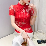 YIMEI เสื้อจีนแขนสั้นสำหรับผู้หญิงรัดรูปไซดืใหญ่เสื้อยืดพิมพ์ลายมีกระดุมสไตล์ย้อนยุคใหม่สำหรับฤดูร้อน2024