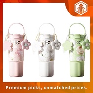 Sidagar Floral Stainless Steel Thermos Bottle With Handle & Straw (316L/750ml)-Premium 3D Emed & Gol