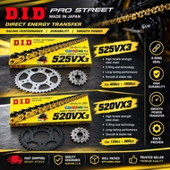 🌟HOT ITEMS🌟ARRIVALS🌟JT SPROCKET WITH DID CHAIN SET GOLD[520/525/530VX3] [120L] [O-RING/X-RING] FOR S