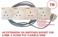4G EXTENSION 13A SWITCHES SOCKET C/W 0.5MM X 3CORE PVC FLEX WIRE + 13A PLUG TOP(SIRIM) (1M/3M/5M/7M/