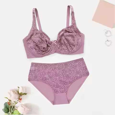 Female Big Size Lace Lingerie Set Bra with Wire Unlined Thin Breathable Bra and Panties Set 85C-110E