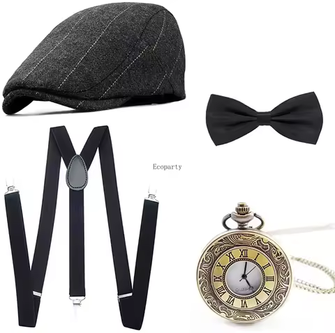 1920s Men's Accessories Mafia Gatsby Including Panama Hat Adjustable Elastic Braces Men's Neck Bow T