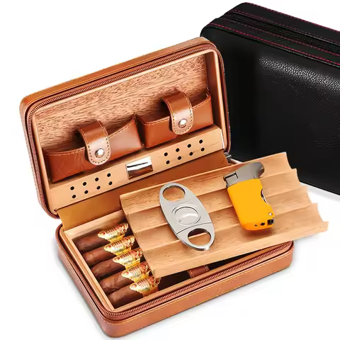 Portable Humidor Cigar Box Travel Cigar Case Leather Cedar Wood Cigar Humidor Box W/ Cutter Lighter 