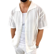 Mens Vintage Knitted Shirt Short Sleeve Lapel Hollow Out Shirt Button Down Casual Solid Color Shirt
