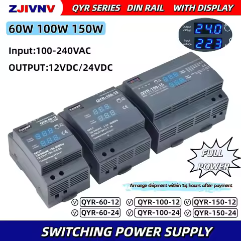 60W 100W 150W Din Rail Switching Power Supply with LED Digital Display AC 100-240V to DC 12V 24V QYR