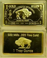 1 oz USA American Buffalo 500 Mills .999 Fine Gold Plated Bar 1oz