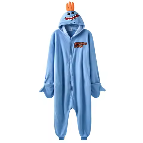 Mr Meeseeks Onesie Funny Kigurumis Unisex Cartoon Pajamas Polar Fleece Rick Jumpsuit Zipper Sleepwea