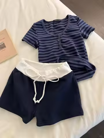 Striped Cotton T-shirt Shorts Outfit Women Navy O-neck Slim Tees +Buttons Straight Sweatshirt Sweet 