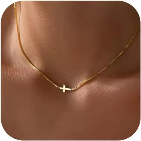 Cross Necklace for Women 14K Gold Plated Small Cross Pendant Choker Simple Trendy Charm Chain Neckla