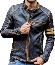 Mens Black Biker Vintage Motorcycle Distressed Cafe Racer Leather Jacket Classic Biker Jacket Aviato