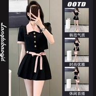 【Ready stock】Plus size women's clothing 小个子日系甜妹套装正肩短款短袖衬衫遮肚显瘦百褶裙两件套  新款 现货  o83XtFnI0r1023