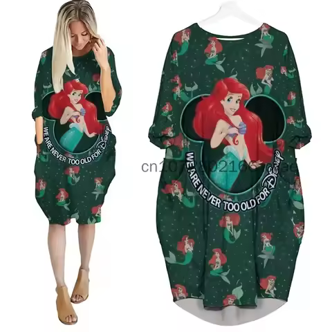 Disney Princess Ariel Women's Batwing Pocket Dress Summer 3D Print Oversize Fashion Street Dress Lon