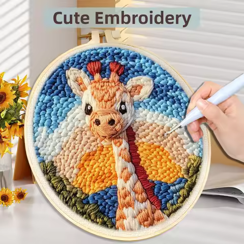 DIY Punch Needle Kits for Beginners Cute Animal with Hoop Embroidery Punch Needle Starter Craft Set 