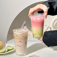 French English Printed Glass Drink Cup with Straw Large Capacity Coffee Cup with Lid P692