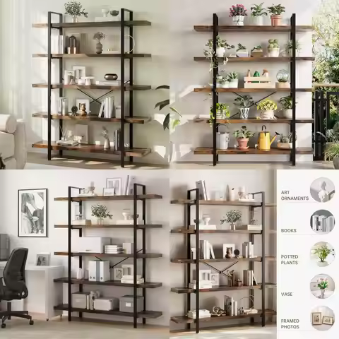 Industrial 5-Tier Heavy Duty Bookshelf, Rustic Open Shelving for Home Office, 47 Wide, 120 lbs Shelf