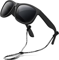 Kids Sunglasses with Strap Polarized UV Protection Flexible Rubber Shades for Boys Girls RBK023, Bla