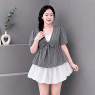 Women's Big Size Plaid Blouse with Bow Tie on the Chest and Belly Covering Skirt Large Size A360+CV4