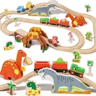 Lehoo Castle Wooden Train Set, Dinosaur Wooden Train Track Set, Wood Toy Train Set for Toddlers