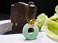 18K金平安扣飄綠花翡翠項鍊 附925銀鍍金項鍊