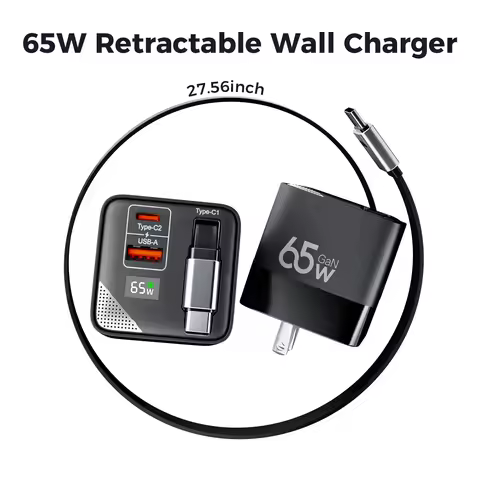 65W GaN Fast Charger Three-Port Charging Head Built-in 80cm Retractable TypeC Cable for iPhone16 15 