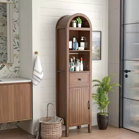 64" Tall Bathroom Storage Cabinet with Adjustable Shelves,Tall Narrow Arched Freestanding Tower Cabi