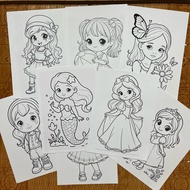Set of 8 girls' coloring pages, A4 paper size, 120gsm
