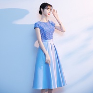 Evening Dress Sky Blue Satin Sequins Fashion Premium Midi Length Evening Gown Host Dress Student Eve