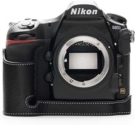Nikon D850 Camera Case, BolinUS Handmade Genuine Real Leather Half Camera Case Bag Cover for Nikon D850 Camera Bottom Opening Version + Hand Strap (Black)